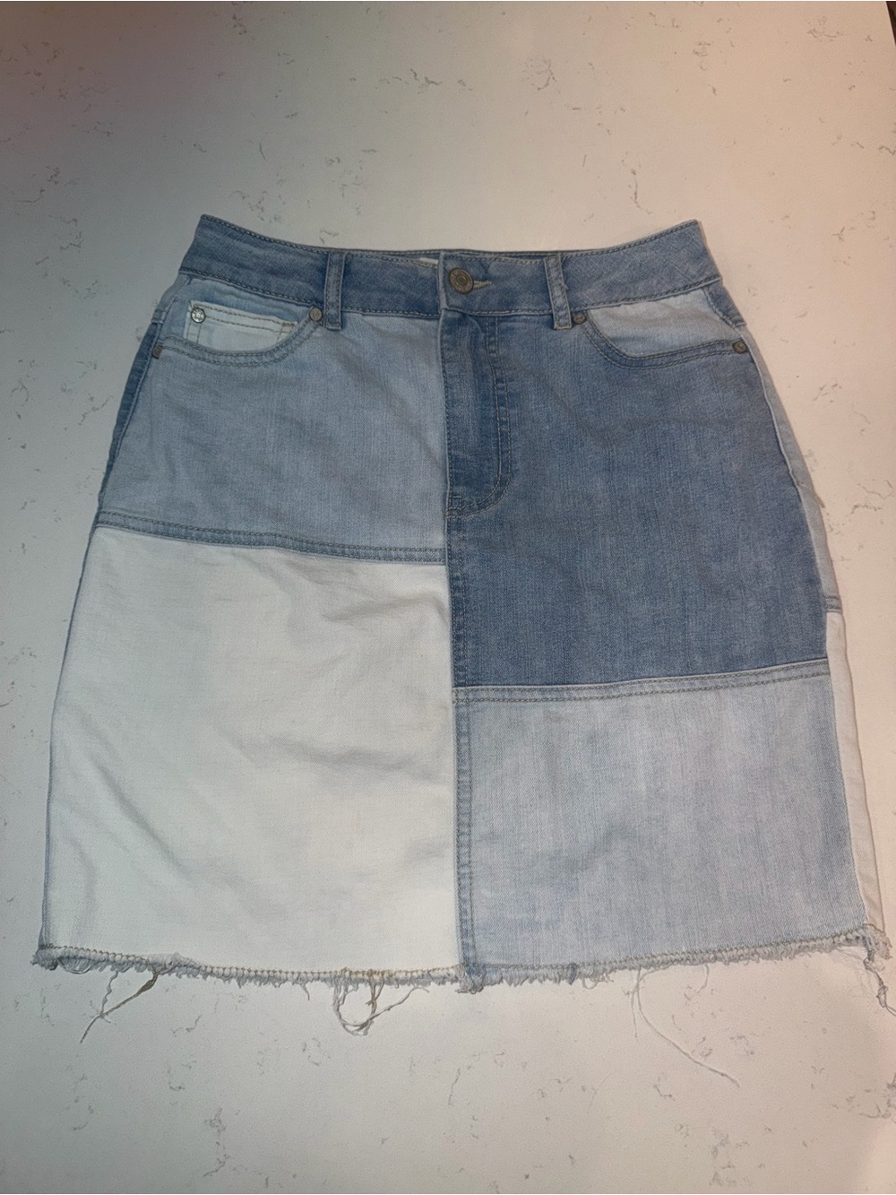 Patchwork Midi Denim Skirt in Light Blue & White